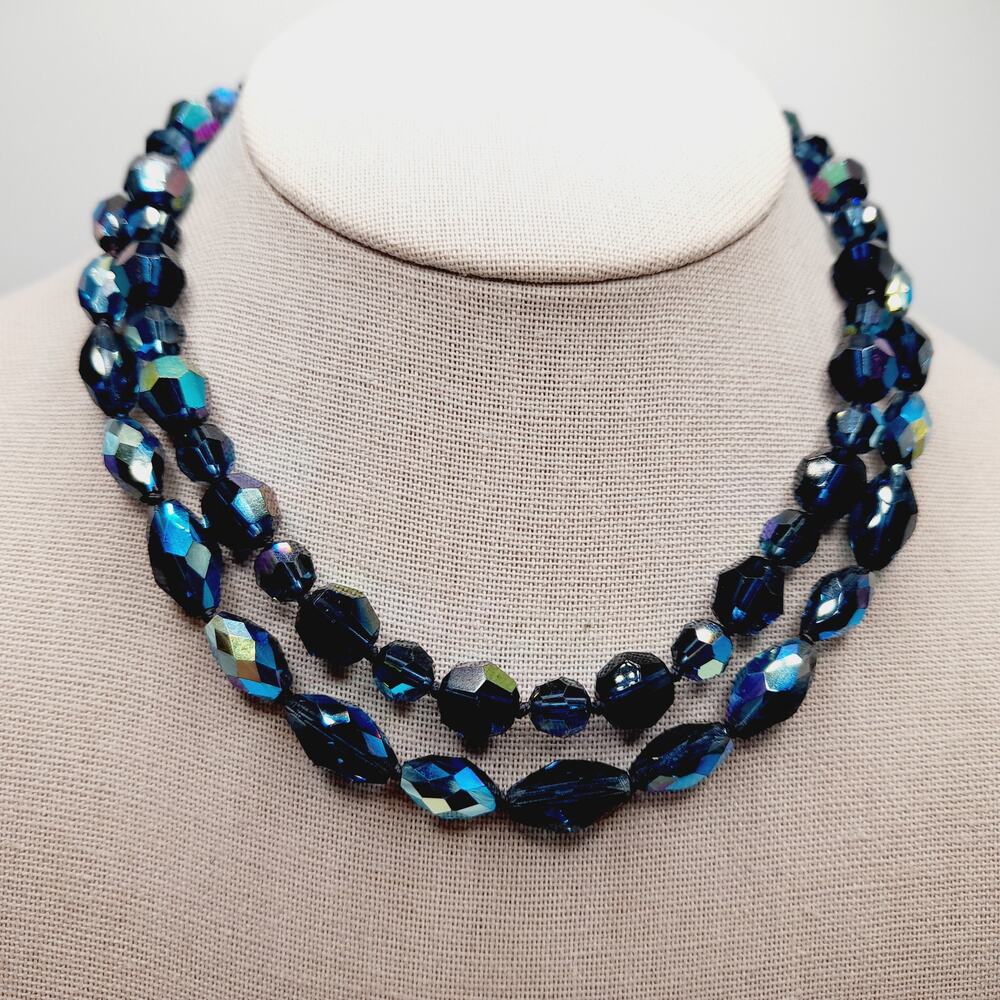 Vintage 1950s Aurora Borealis Blue Crystal Bead Necklace Two Strand 16 Inch